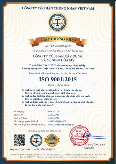 Iso 9001-2015 công ty vệ sinh Hòa Mỹ